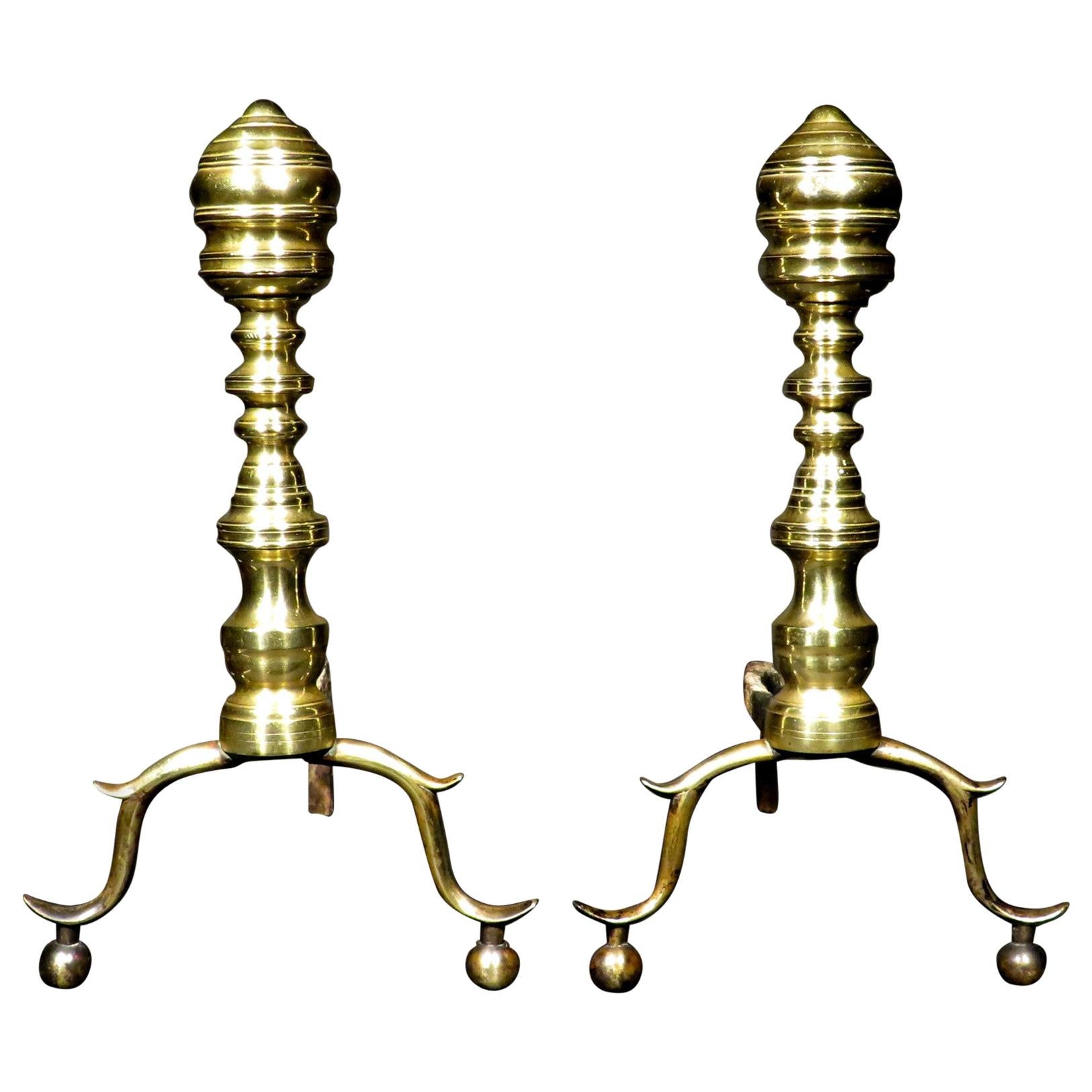 Pair of Early 19th Century Beehive Brass Andirons, New England Circa 1800