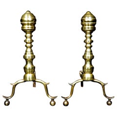 Pair of Early 19th Century Beehive Brass Andirons, New England Circa 1800