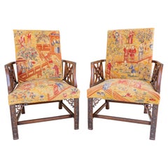Antique Fine Pair of Early 19th Century Chinese Chippendale Armchairs