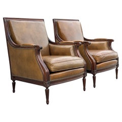 Fine Pair of Edwardian Period Leather Library Club Armchairs