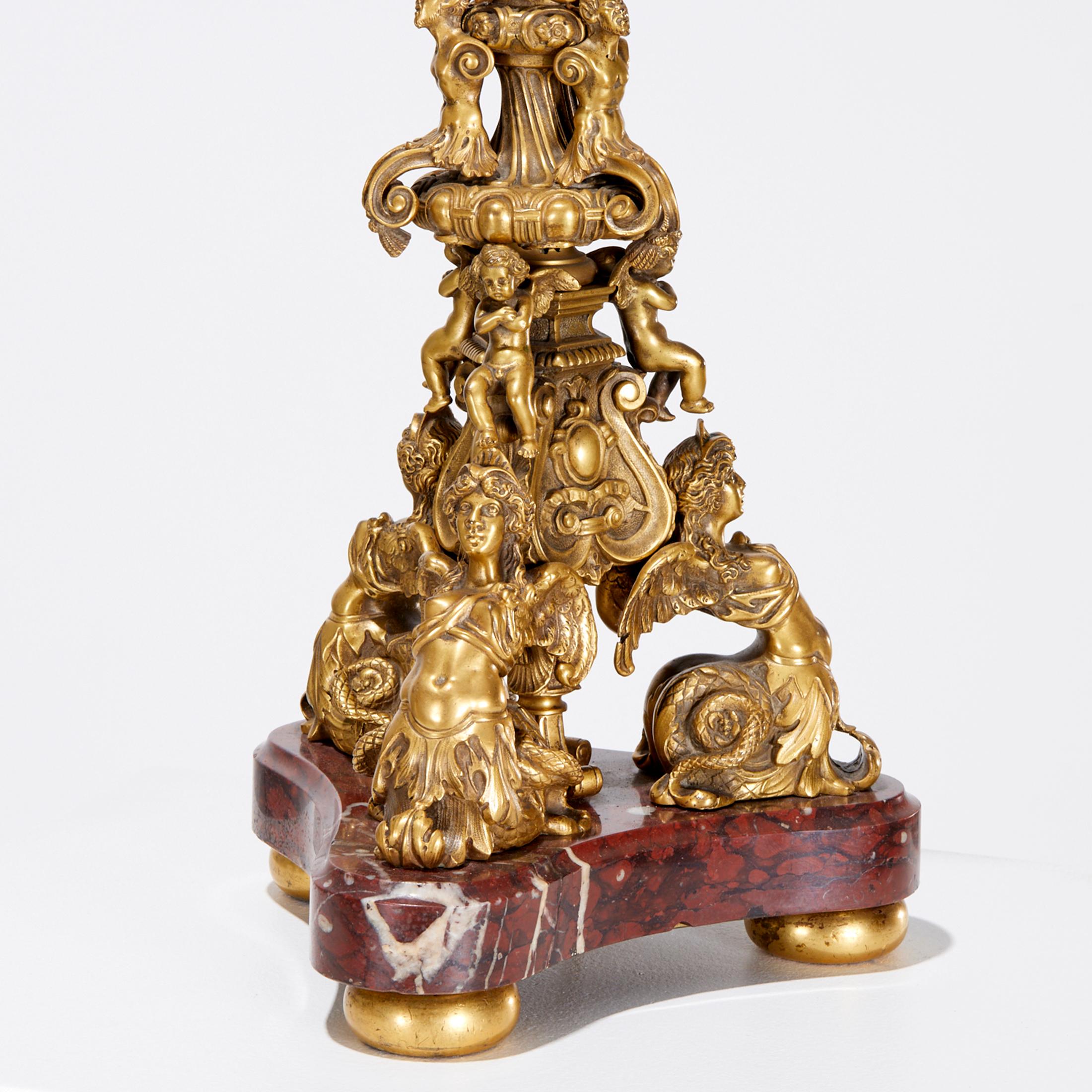 Cast Fine Pair of E.F. Caldwell Bronze and Rouge Royale Marble Lamps For Sale