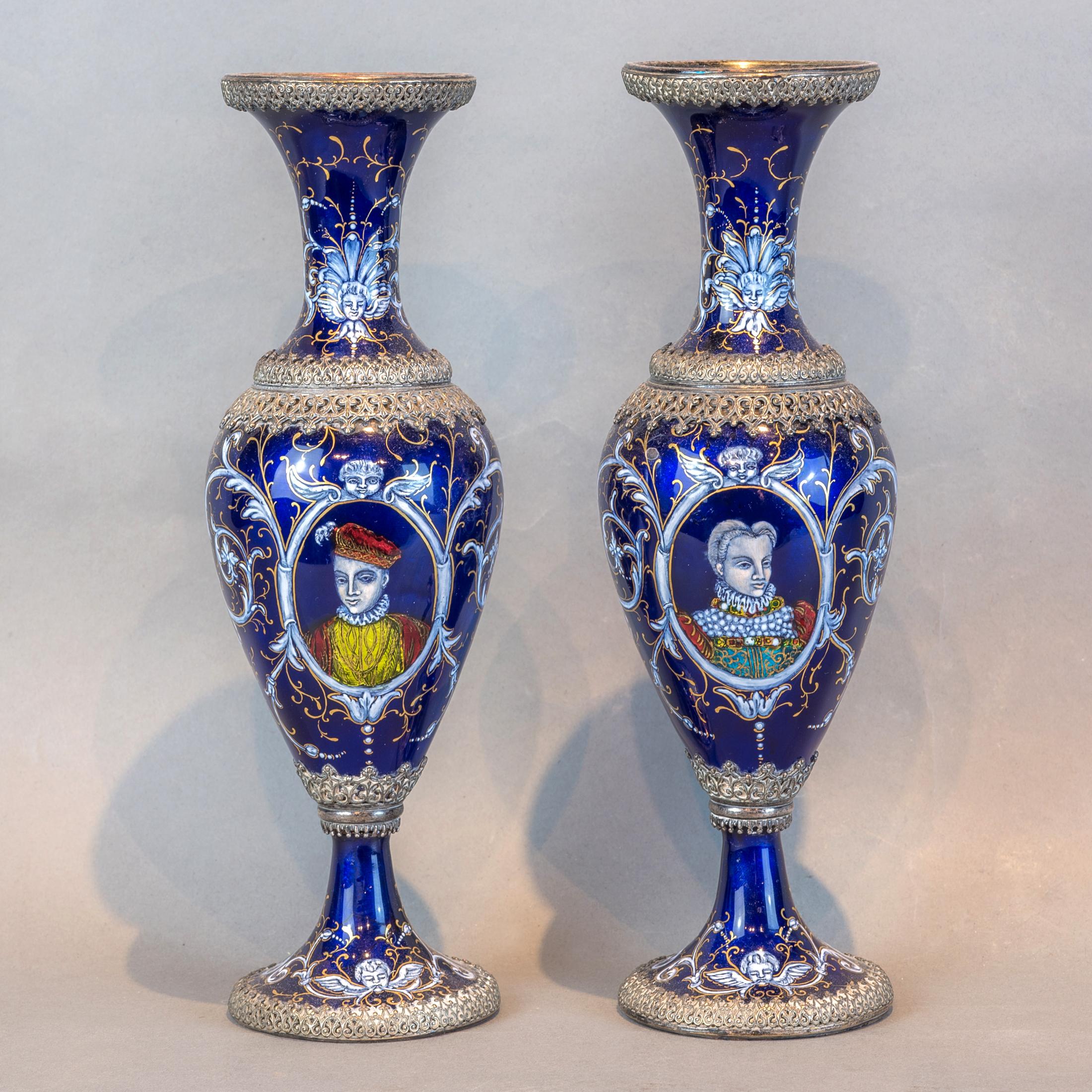 Each with baluster form decorated with a classical profile. Silvered enamel, Austria.

Origin: Austrian
Date: 19th century
Size: 9 3/4 in. x 3 1/4 in.