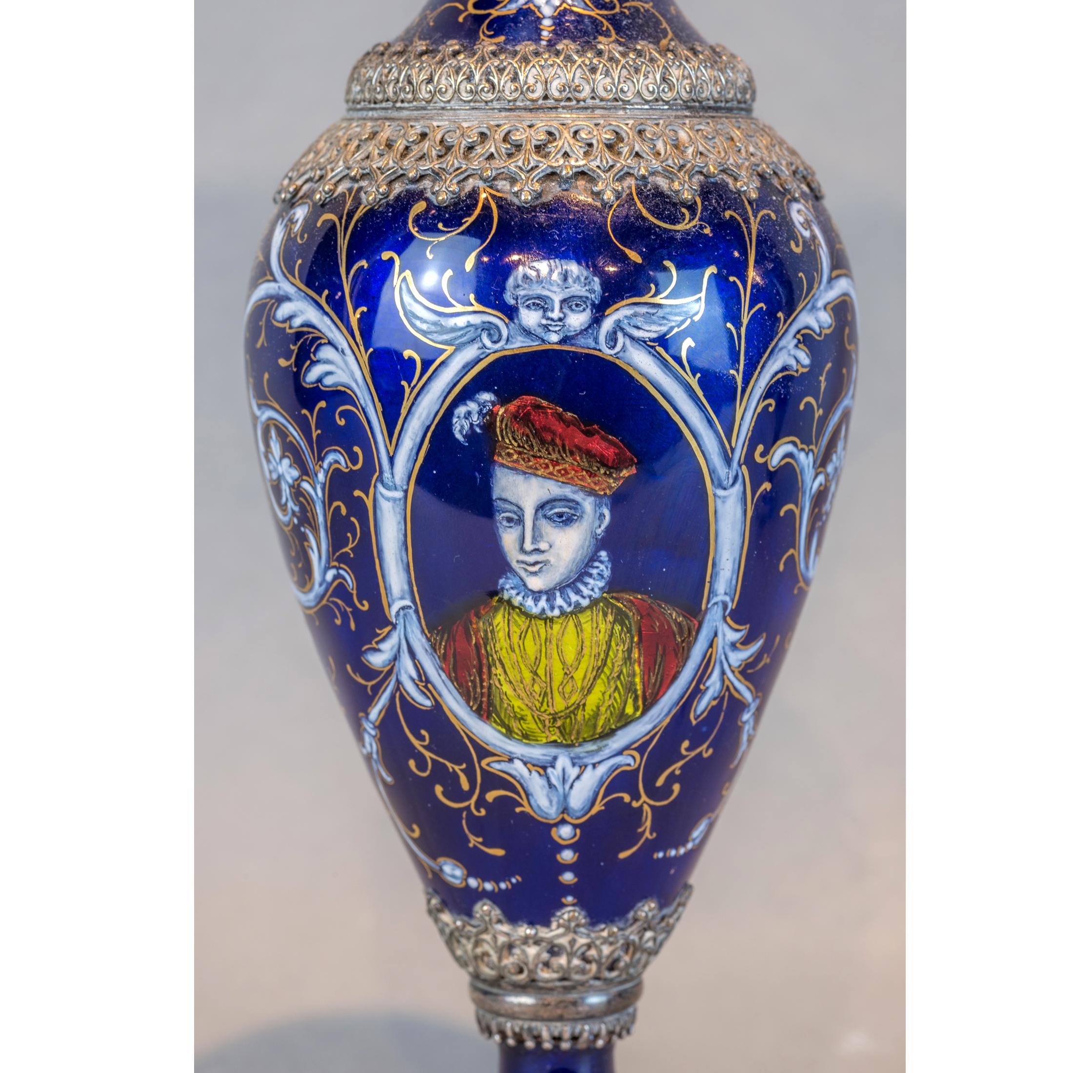 19th Century Fine Pair of Elaborate Viennese Silvered Enamel Portrait Vases For Sale
