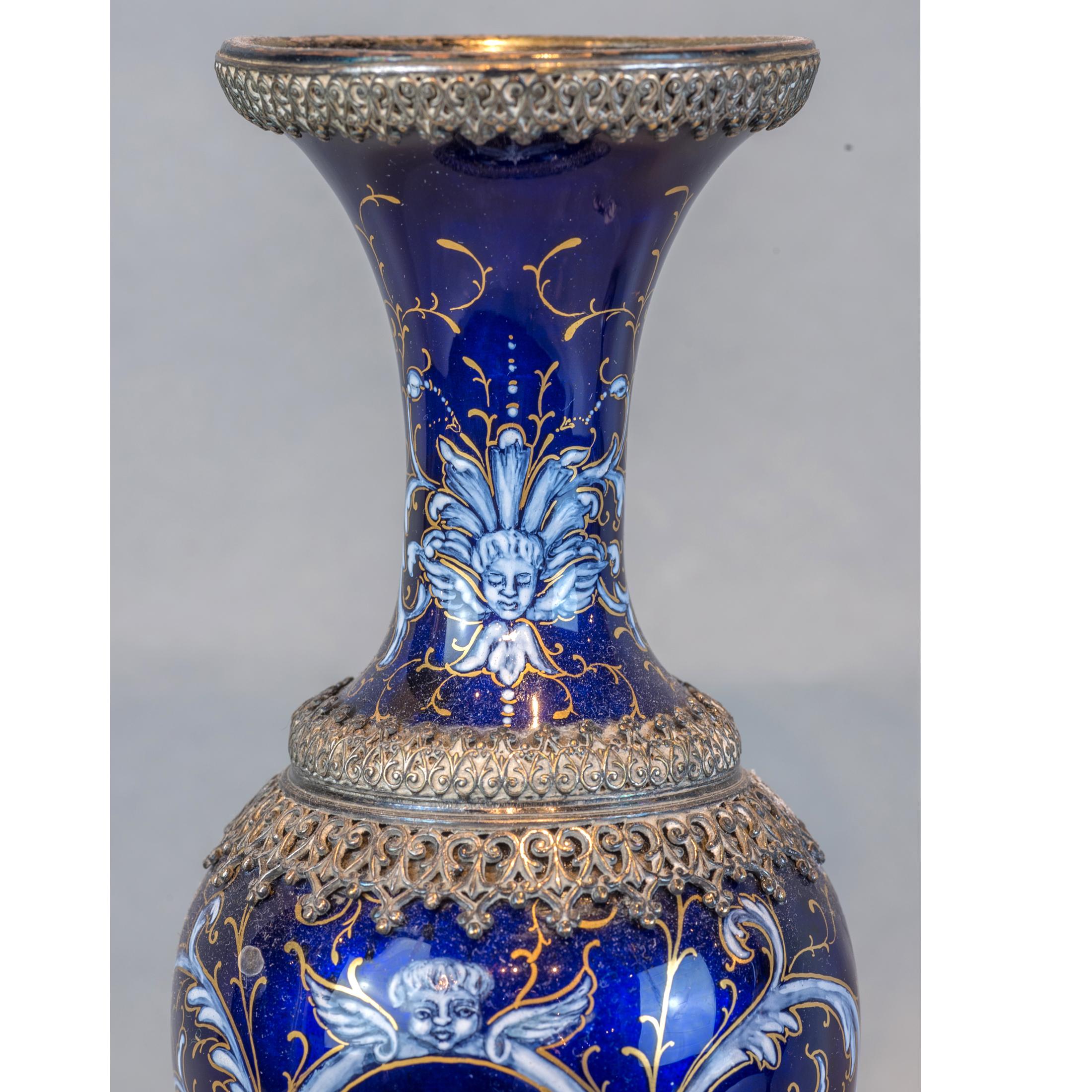 Fine Pair of Elaborate Viennese Silvered Enamel Portrait Vases For Sale 2