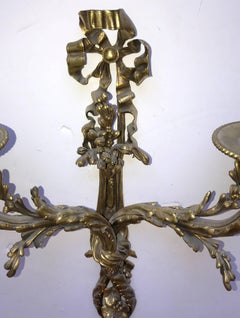 Fine Pair of Elegant French Doré Bronze Two-Arm Bow Top Tassel Filigree Sconces