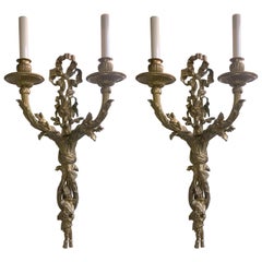 Fine Pair of Elegant French Doré Bronze Two-Arm Bow Top Tassel Filigree Sconces