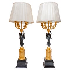 Fine Pair of Empire 19th Century Patinated and Gilt Bronze Candelabrum Lamps