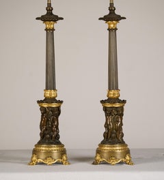 Fine Pair of Empire Patinated & Gilt Bronze Candelabre, Mounted as Lamps