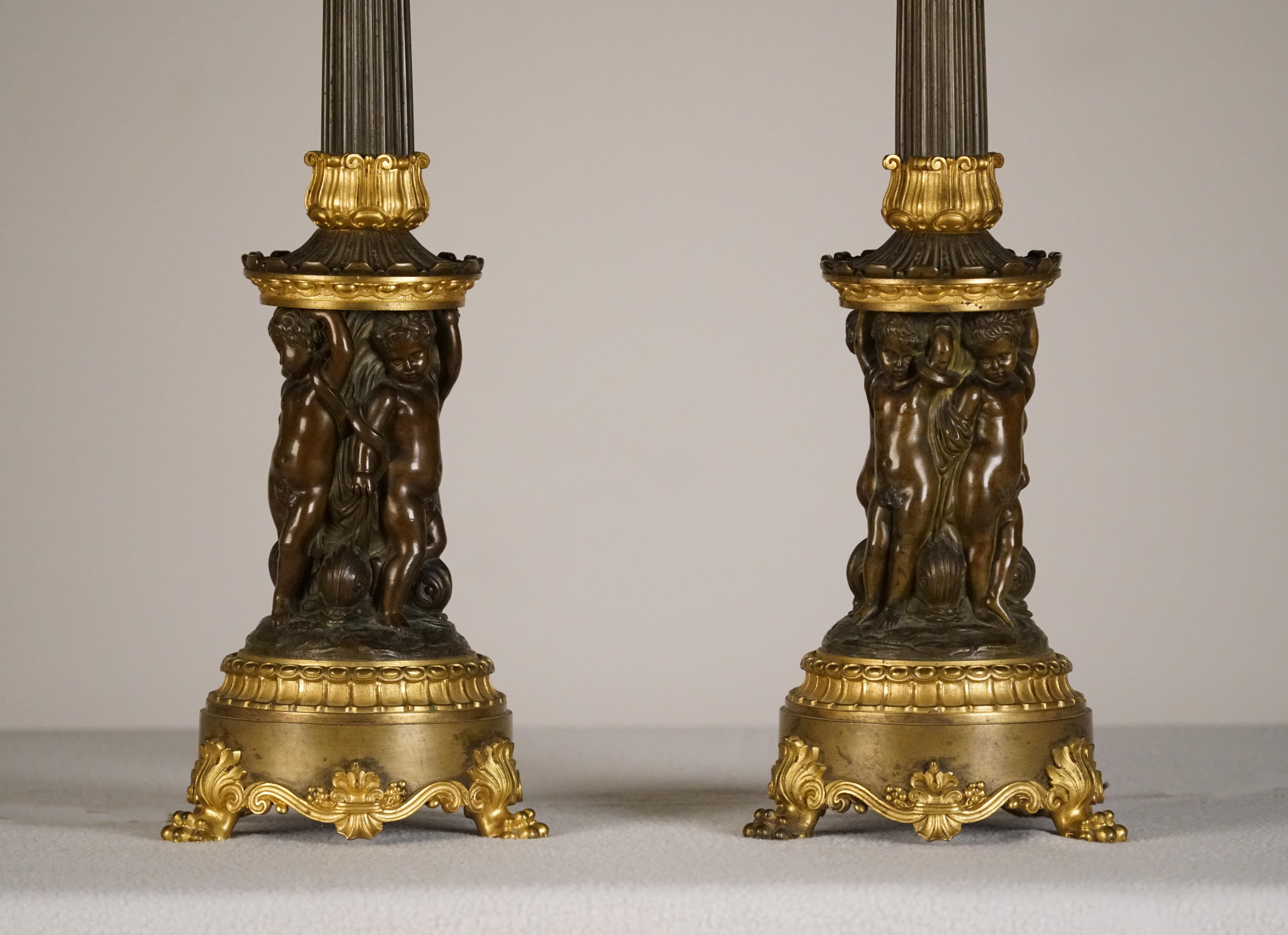 French Fine Pair of Empire Patinated & Gilt Bronze Candelabre, Mounted as Lamps For Sale