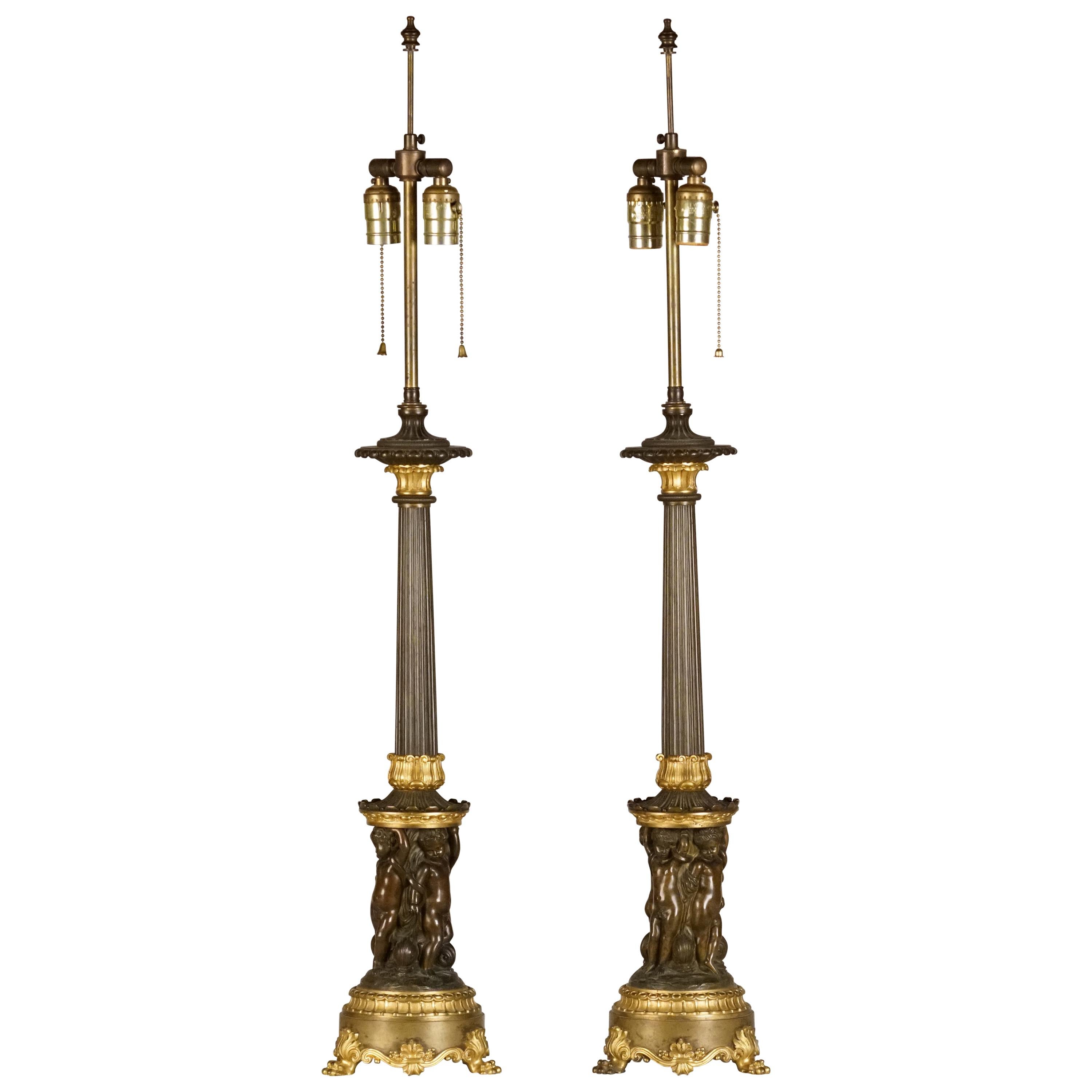 Fine Pair of Empire Patinated & Gilt Bronze Candelabre, Mounted as Lamps For Sale