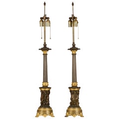 Fine Pair of Empire Patinated & Gilt Bronze Candelabre, Mounted as Lamps