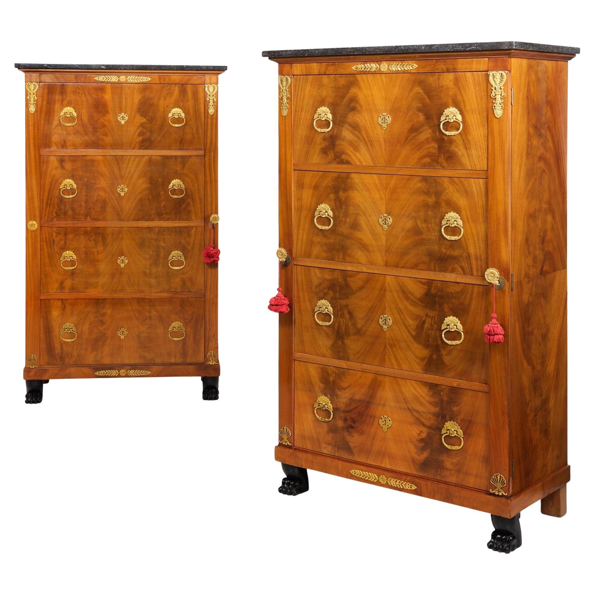 Fine Pair of Empire Style Antique Mahogany Chests Armoires Cabinets