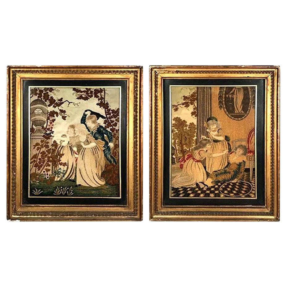 Fine Pair of English 18th Century Silkwork Pictures For Sale