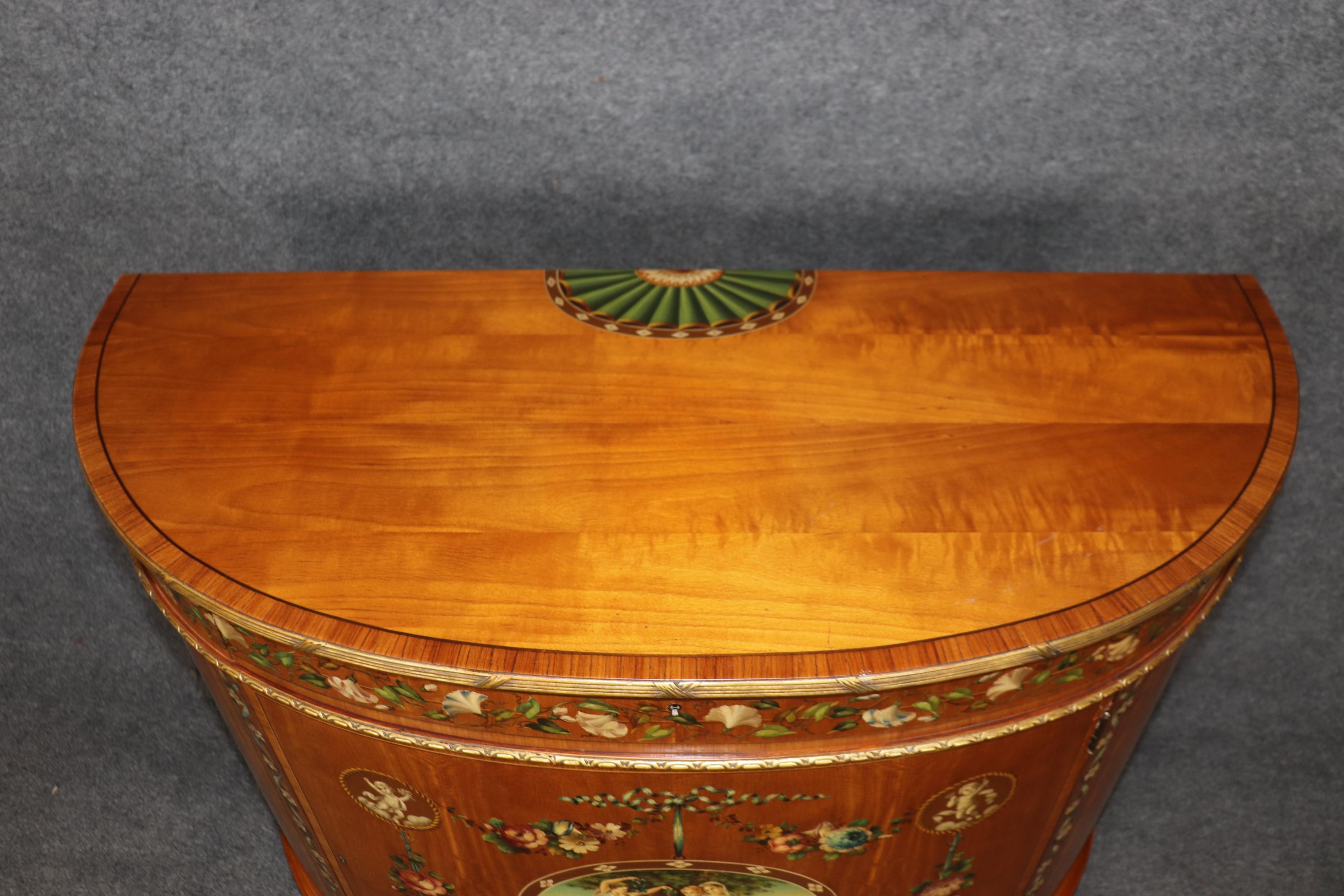 Fine Pair of English Adams Satinwood Paint Decorated Demilune Commodes 7