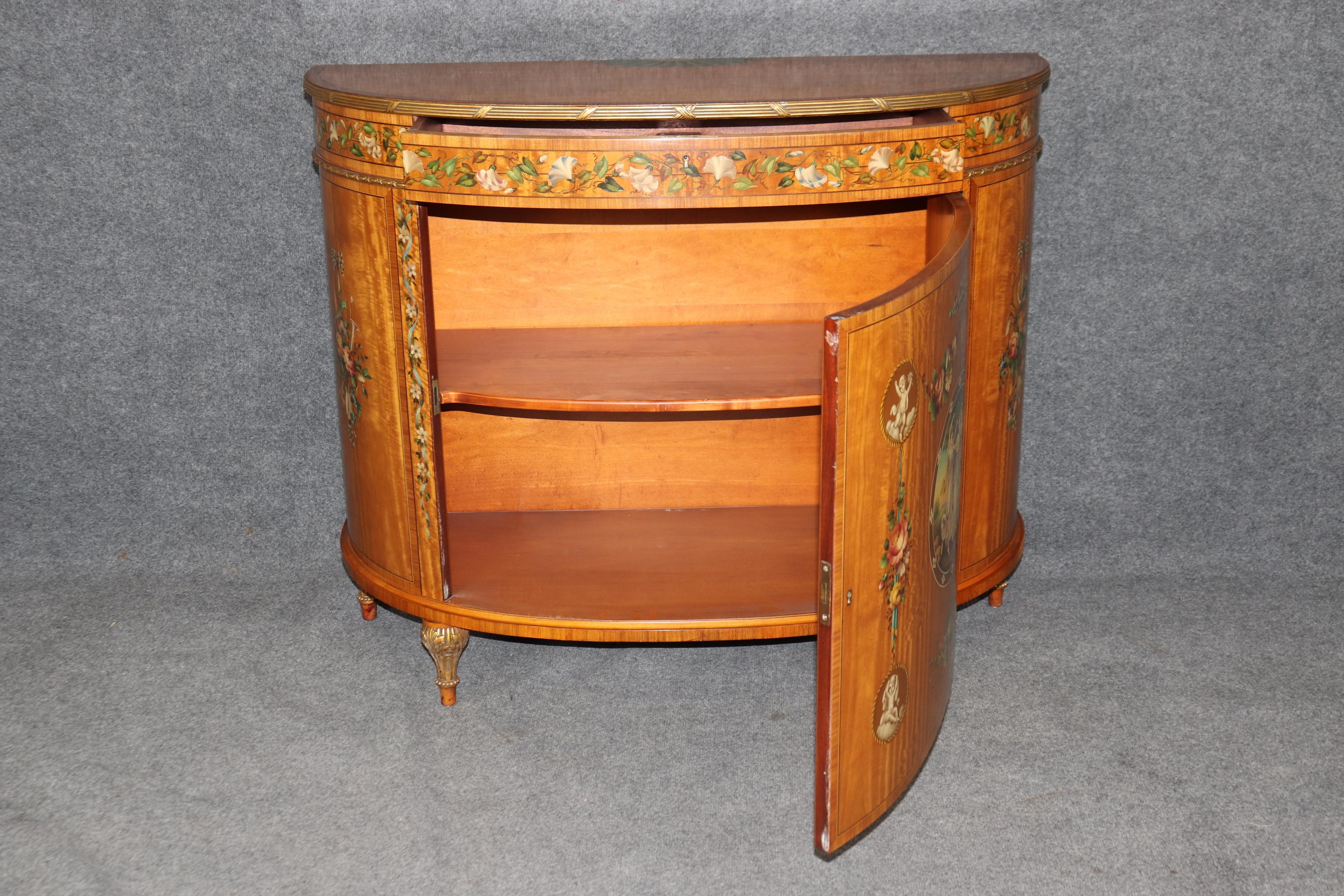 Early 20th Century Fine Pair of English Adams Satinwood Paint Decorated Demilune Commodes