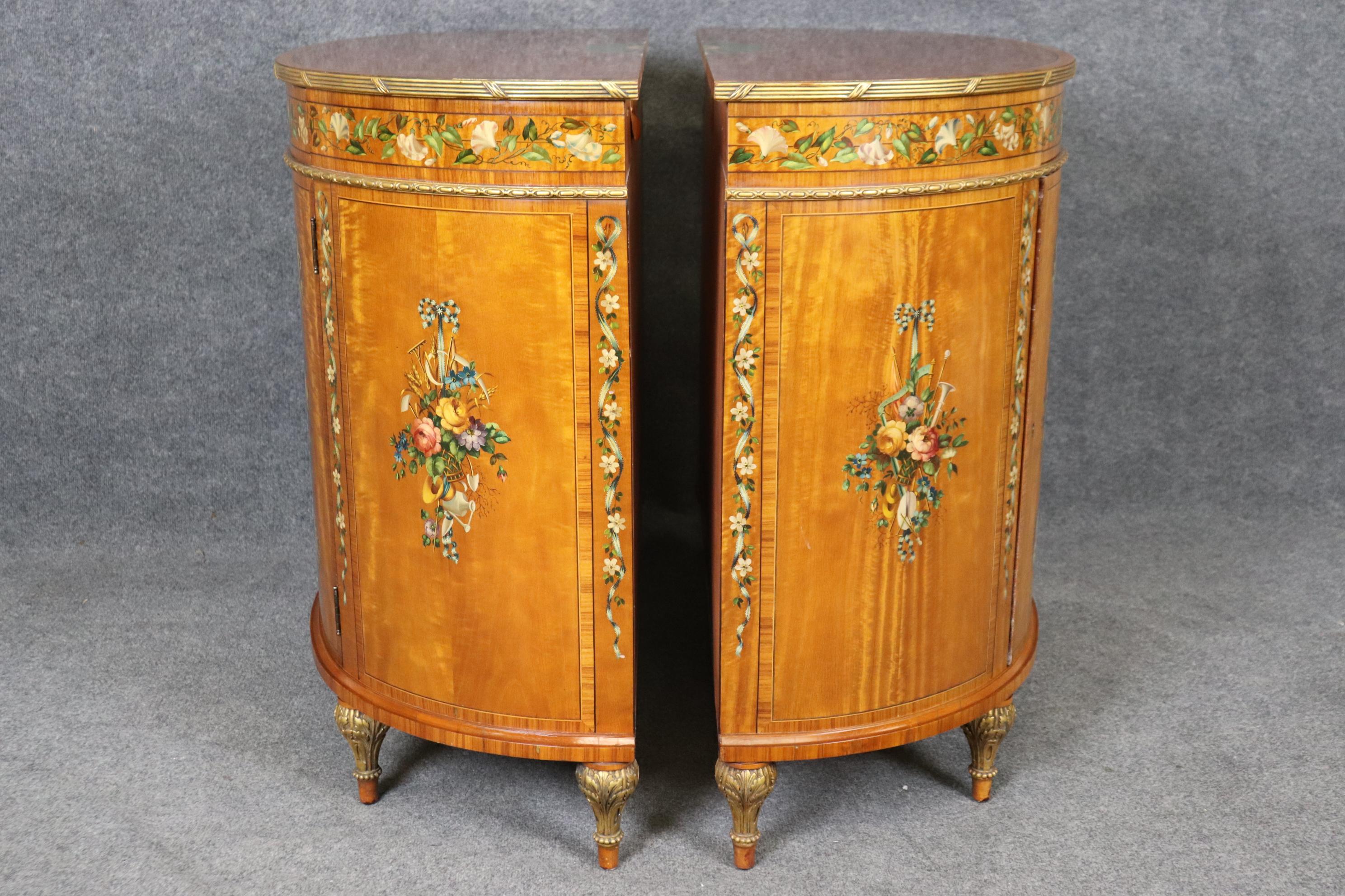 Fine Pair of English Adams Satinwood Paint Decorated Demilune Commodes 1