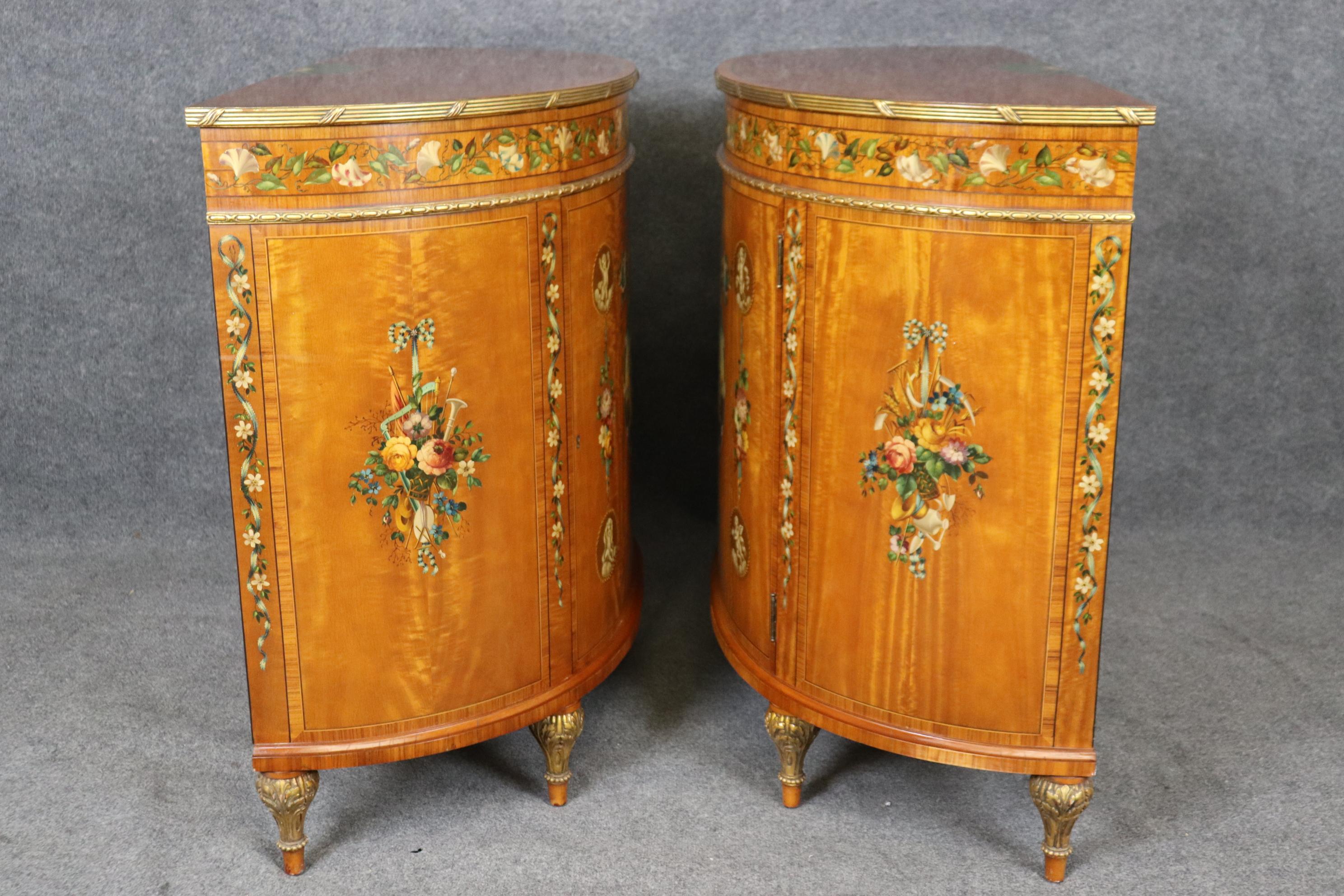 Fine Pair of English Adams Satinwood Paint Decorated Demilune Commodes 3