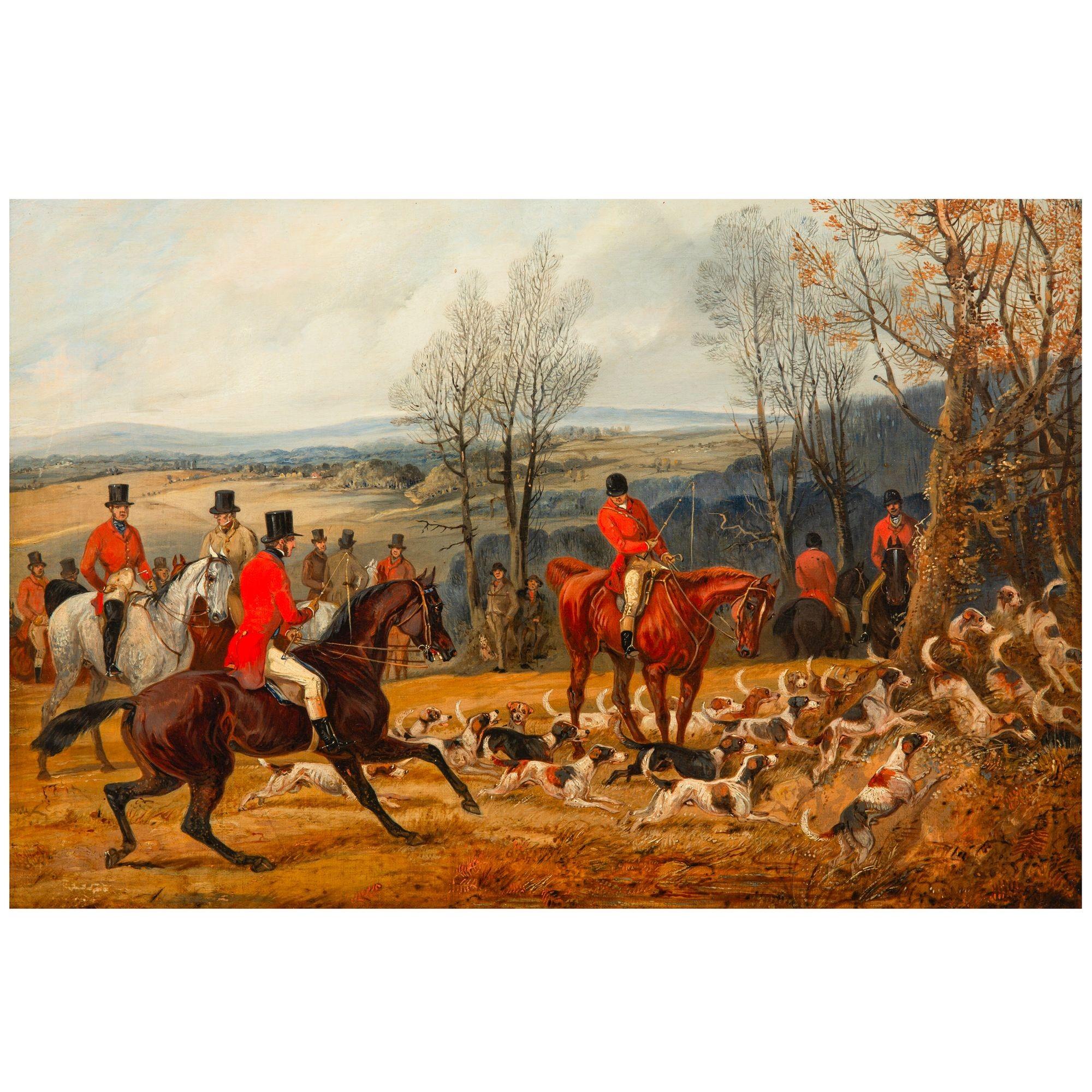 Pareja de cuadros antiguos ingleses al óleo con escenas de caza de Samuel Henry Alken Romántico en venta