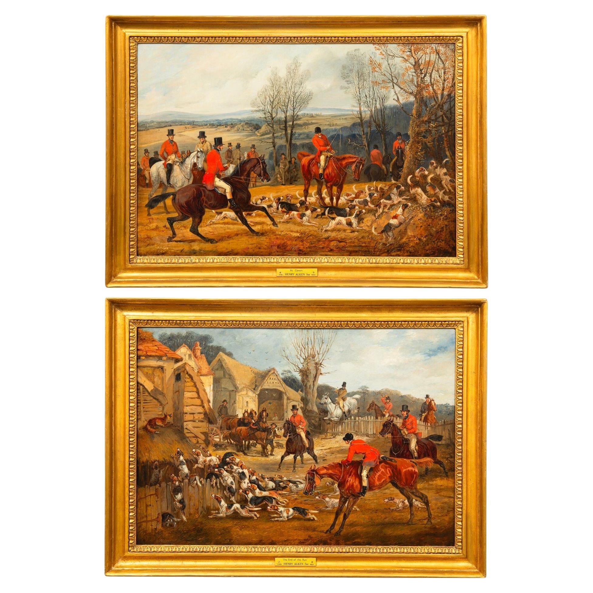 Feines Paar englischer antiker Ölgemälde mit Jagdszenen-Gemälde von Samuel Henry Alken