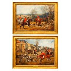 Pareja de cuadros antiguos ingleses al óleo con escenas de caza de Samuel Henry Alken