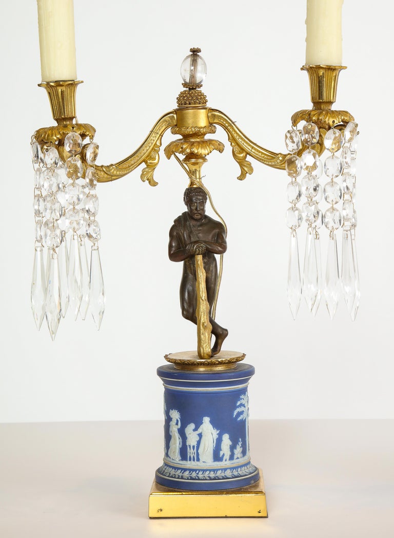 Fine Pair of English Regency Ormolu and Wedgwood Candelabra Lamps For Sale 6
