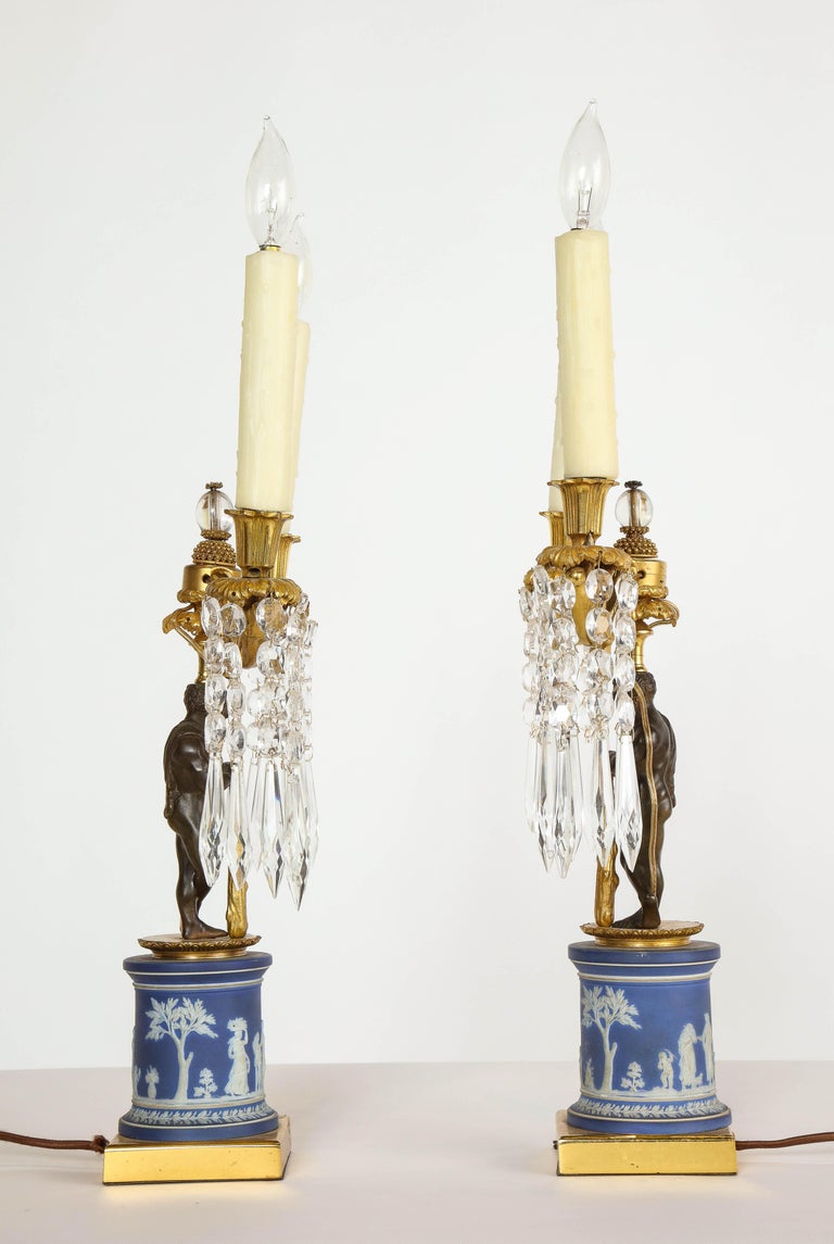 Fine Pair of English Regency Ormolu and Wedgwood Candelabra Lamps For Sale 12