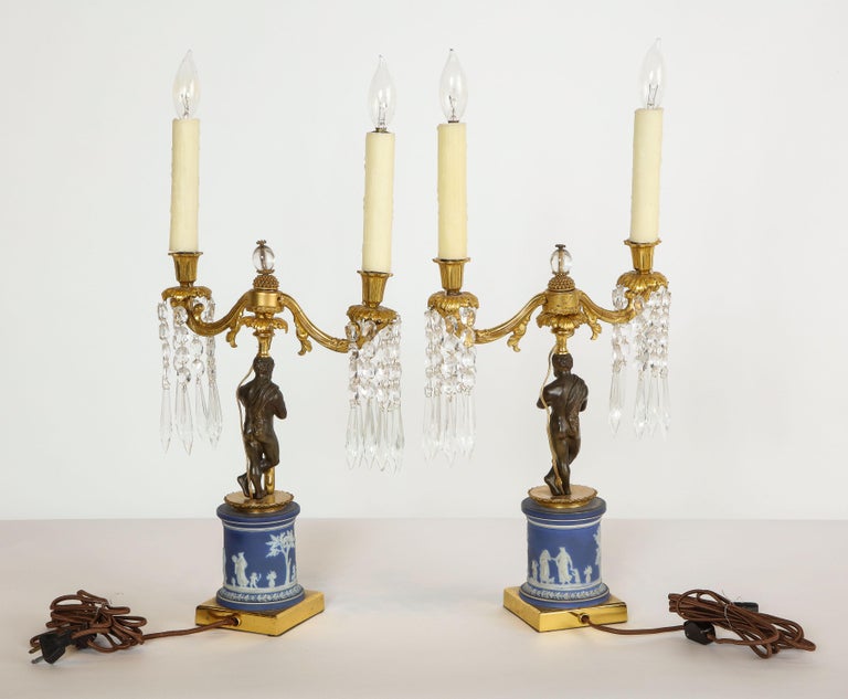 Fine Pair of English Regency Ormolu and Wedgwood Candelabra Lamps For Sale 13