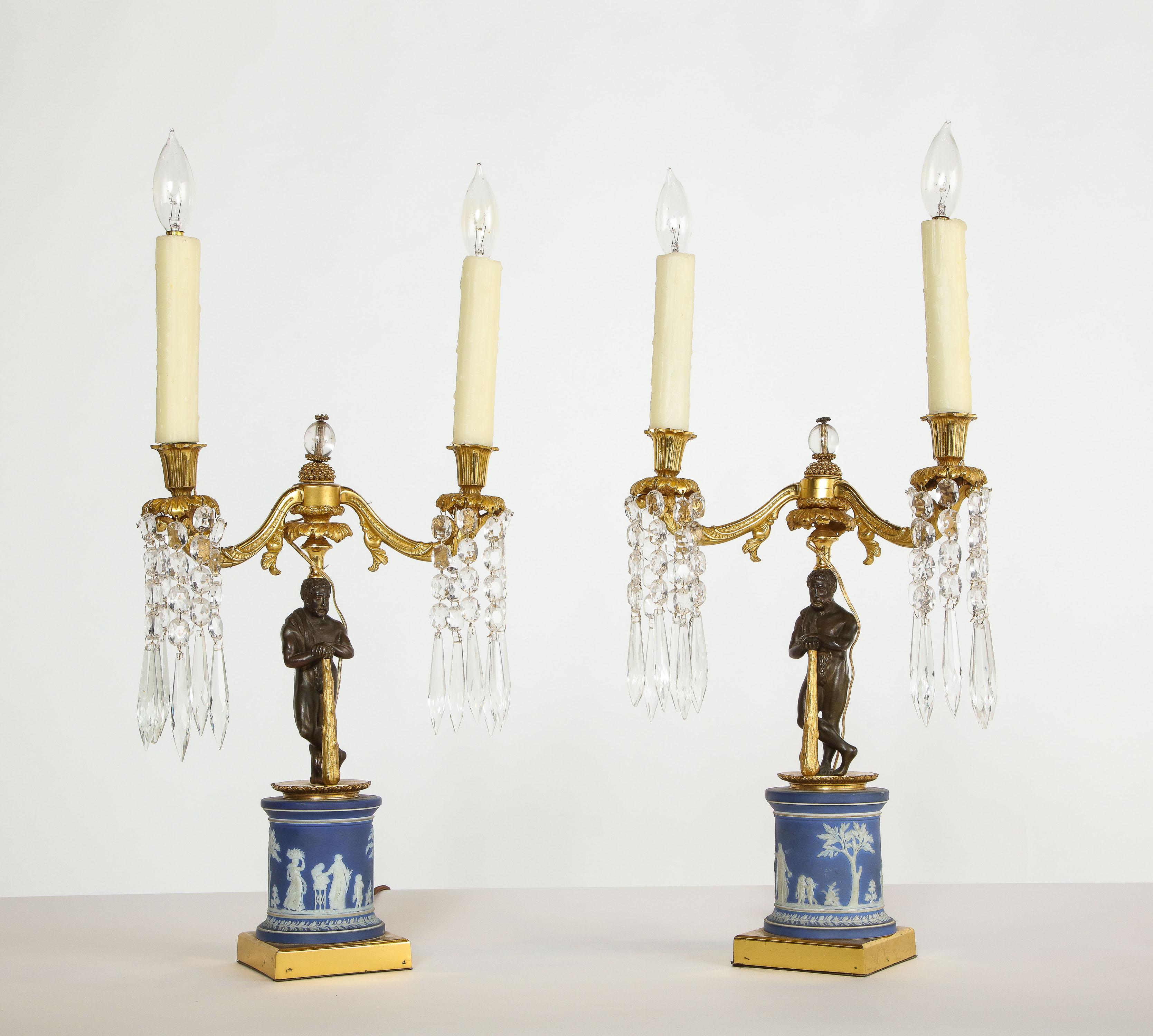 Fine Pair of English Regency Ormolu and Wedgwood Candelabra Lamps In Good Condition In New York, NY