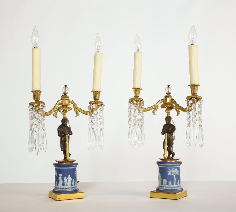 Fine Pair of English Regency Ormolu and Wedgwood Candelabra Lamps In Good Condition For Sale In New York, NY