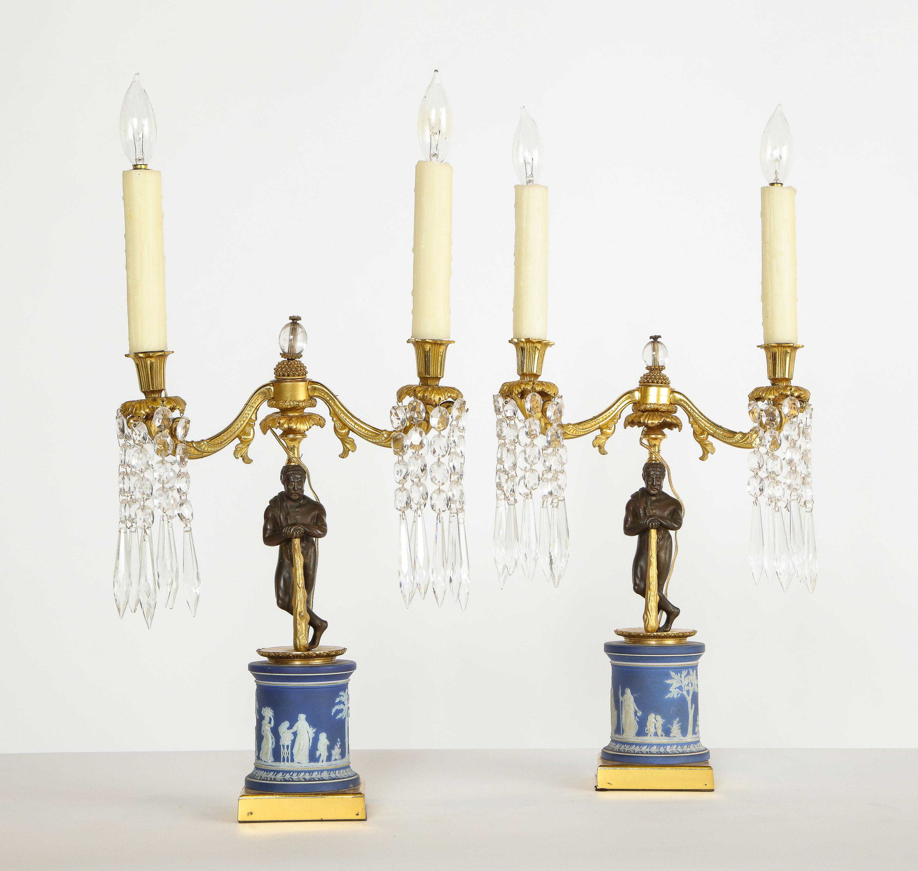 19th Century Fine Pair of English Regency Ormolu and Wedgwood Candelabra Lamps