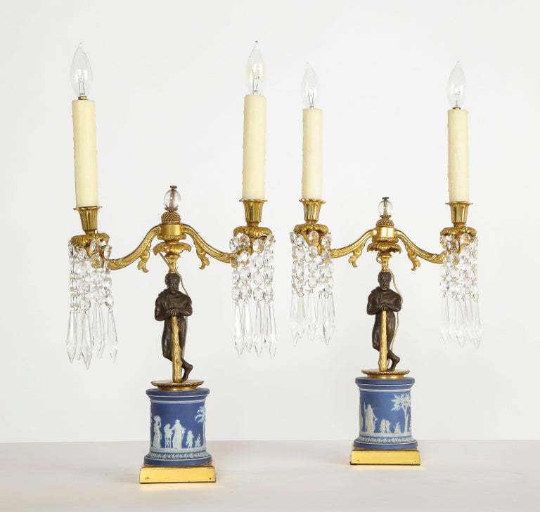 19th Century Fine Pair of English Regency Ormolu and Wedgwood Candelabra Lamps For Sale