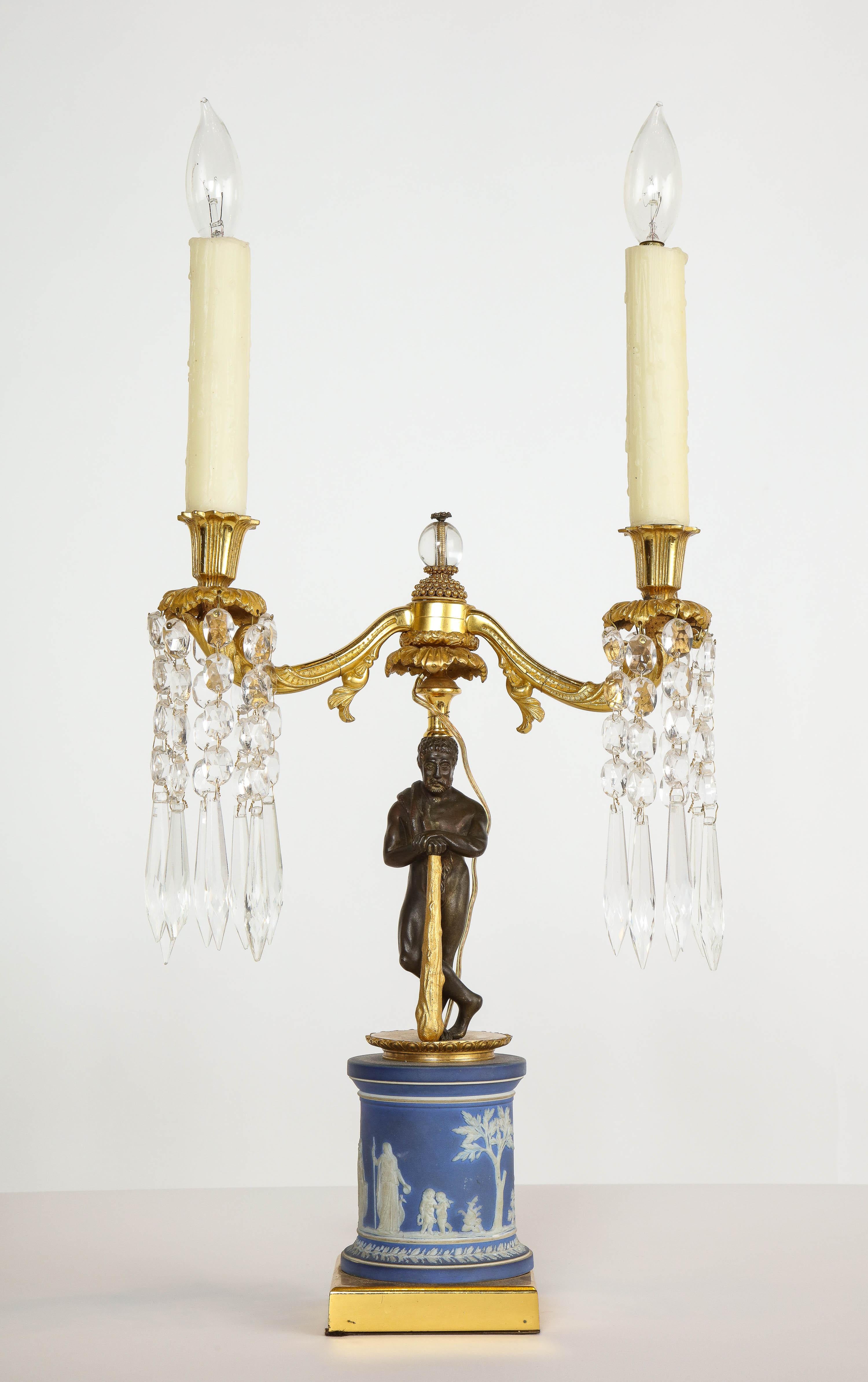 Bronze Fine Pair of English Regency Ormolu and Wedgwood Candelabra Lamps
