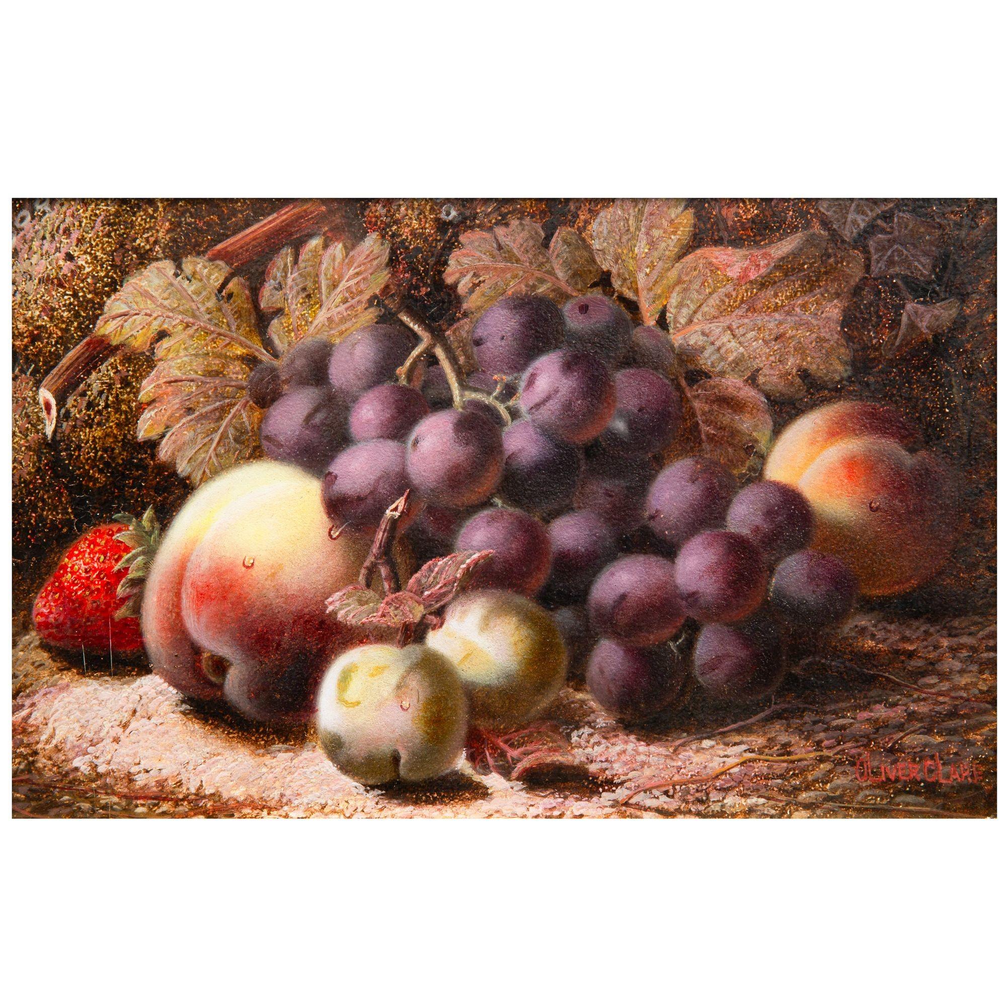 OLIVER CLARE
Britisch, 1853-1927

Ein Paar Stilleben-Gemälde: Weintrauben, Himbeeren, Äpfel, Pflaumen, Pfirsiche und Erdbeeren

Öl auf Künstlerplatte  jeweils unten rechts signiert 