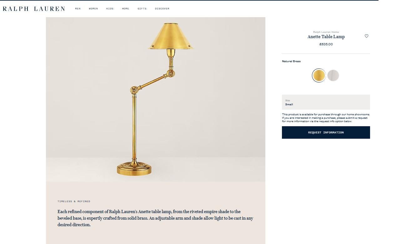 Royal House Antiques

Royal House Antiques is delighted to offer for sale this stunning Ralph Lauren Anette articulated and adjustable table lamps in brass 

A very well made and beautifully decorative pair of ex display lamps, they each have the