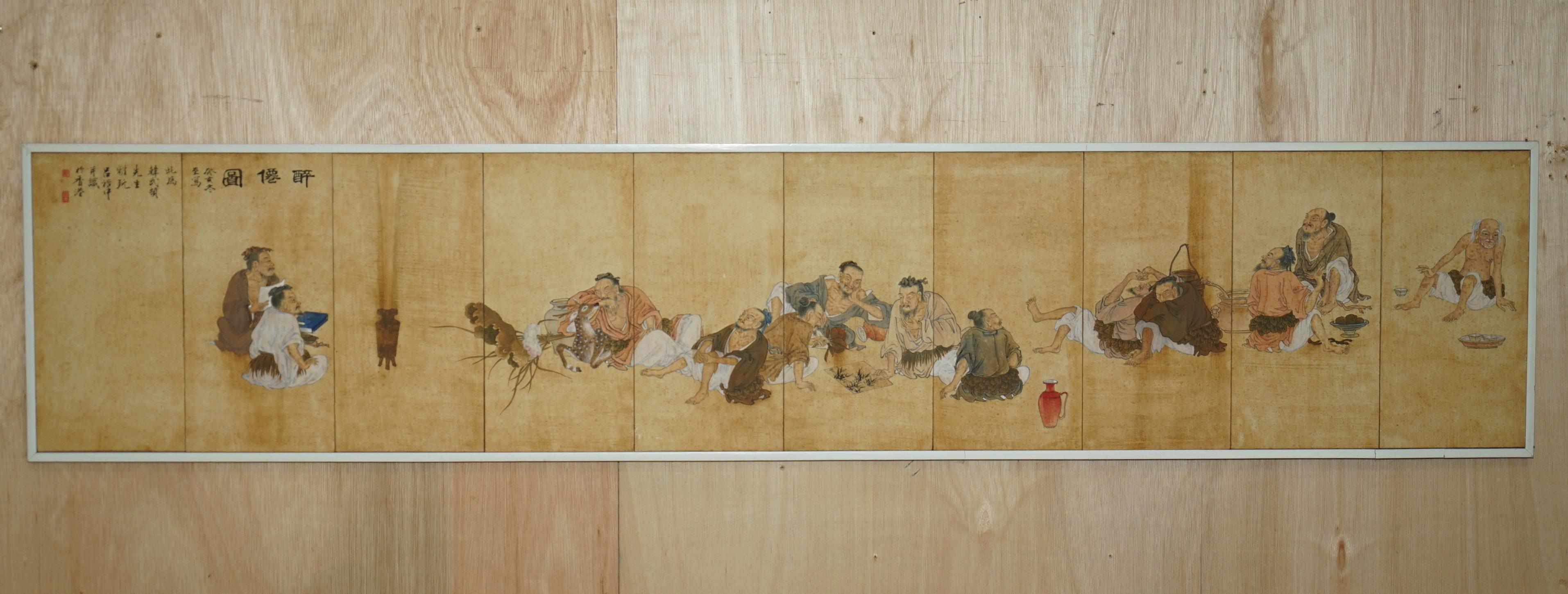 FINE PAIR OF EXTRA LARGE BOISTEROUS EXPLOITS OF THE DRUNKEN IMMORTALS PAINTINGs For Sale 3