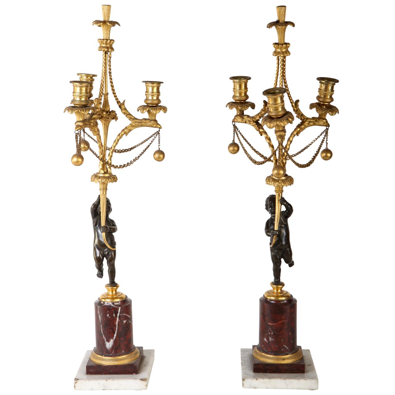 Fine Pair of French 18th Century Bronze and Gilt Bronze Candelabra For Sale 1