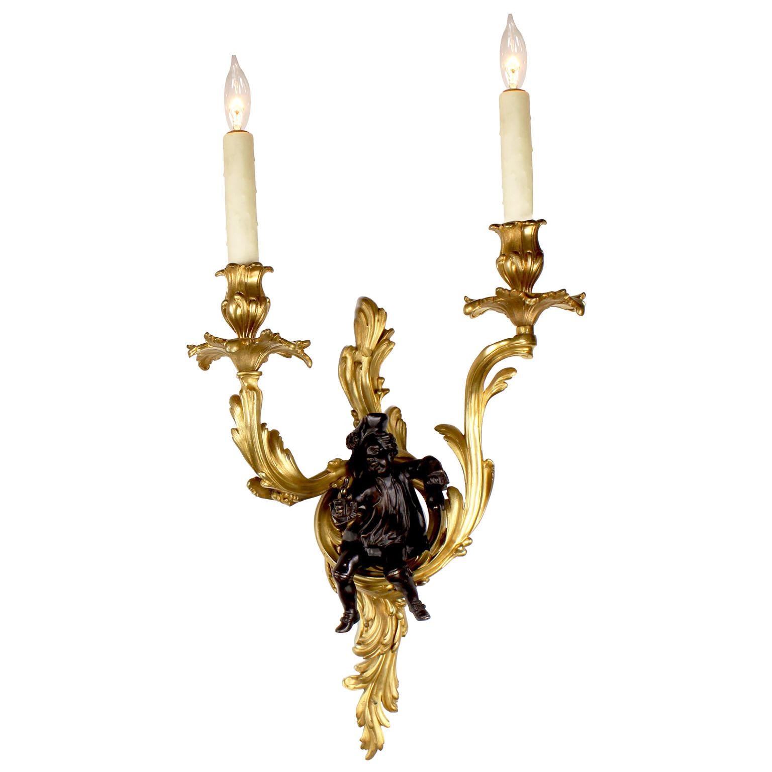 Patinated Fine Pair of French 19th-20th Century Louis XV Style Figural Wall Light Sconces