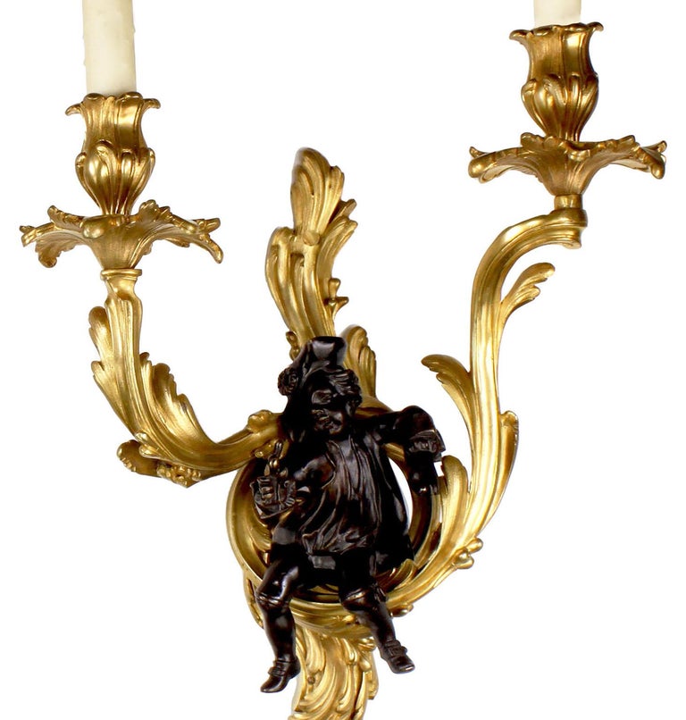 Fine Pair of French 19th-20th Century Louis XV Style Figural Wall Light Sconces In Good Condition For Sale In Los Angeles, CA