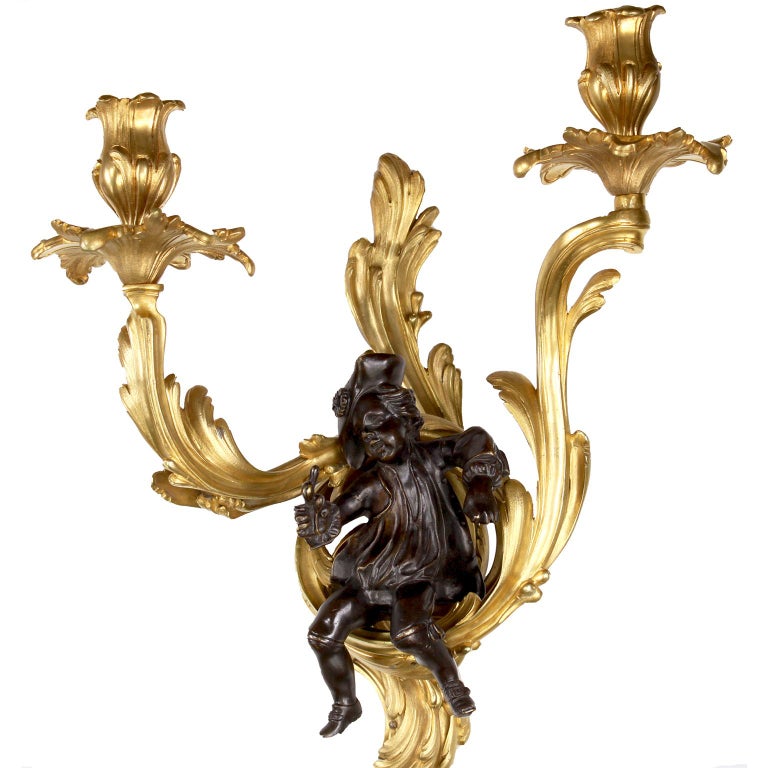 Early 20th Century Fine Pair of French 19th-20th Century Louis XV Style Figural Wall Light Sconces For Sale