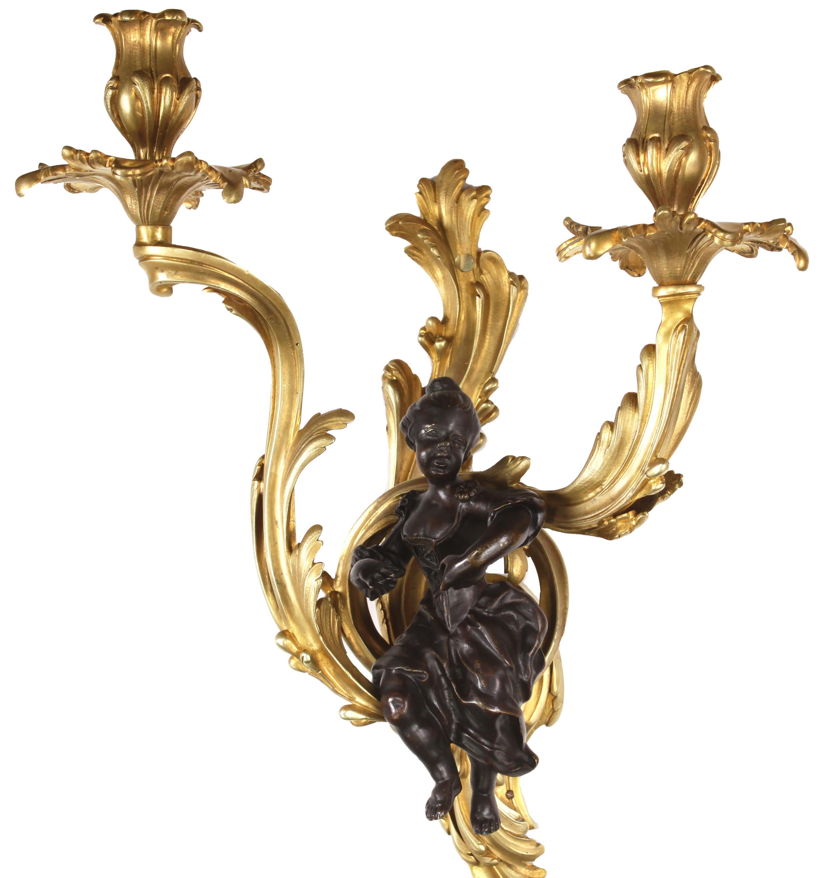 Bronze Fine Pair of French 19th-20th Century Louis XV Style Figural Wall Light Sconces