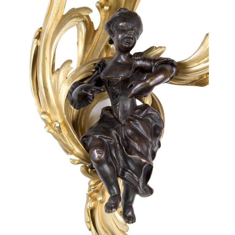 Fine Pair of French 19th-20th Century Louis XV Style Figural Wall Light Sconces For Sale 1