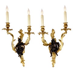Fine Pair of French 19th-20th Century Louis XV Style Figural Wall Light Sconces