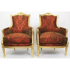 Fine Pair of French 19th-20th Century Louis XVI Style Giltwood Carved Armchairs