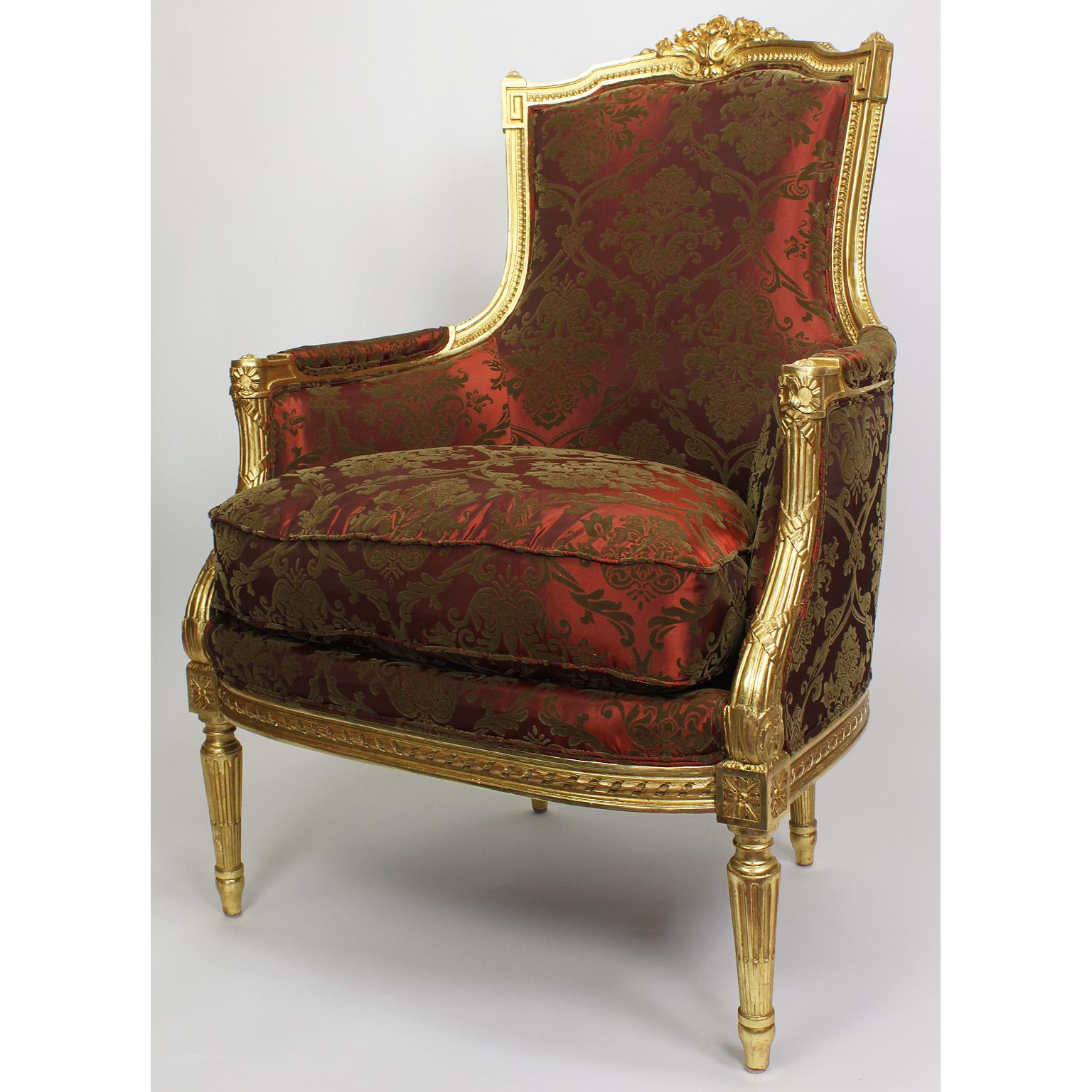 Fine Pair of French 19th-20th Century Louis XVI Style Giltwood Carved Armchairs In Good Condition For Sale In Los Angeles, CA