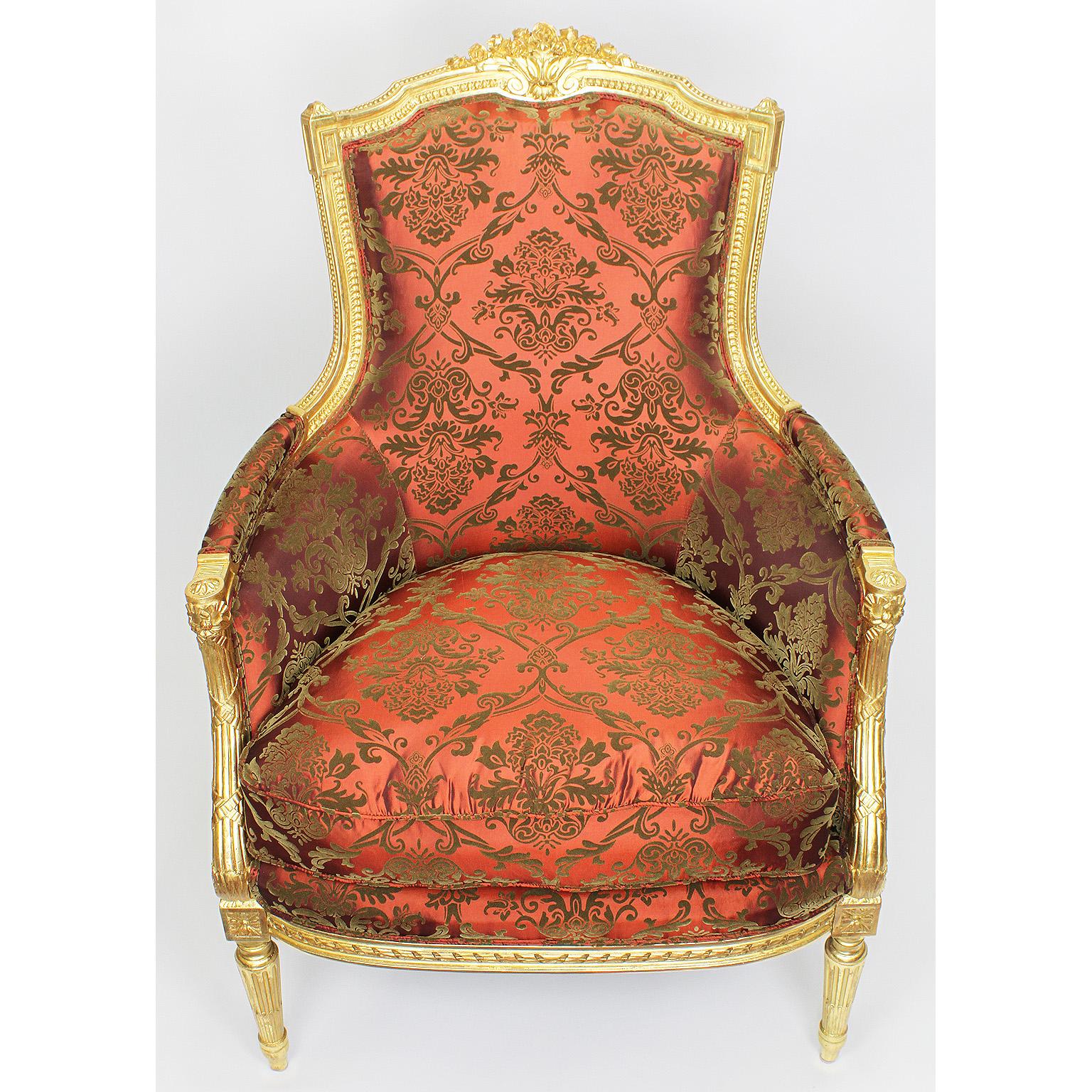 Early 20th Century Fine Pair of French 19th-20th Century Louis XVI Style Giltwood Carved Armchairs For Sale