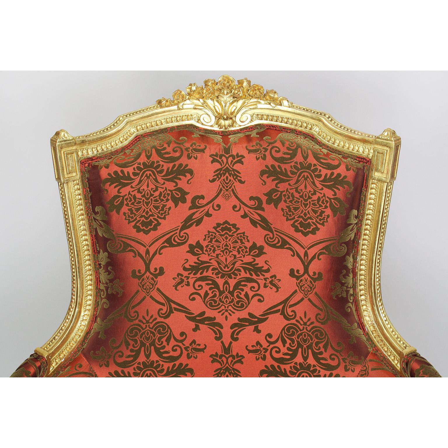 Fabric Fine Pair of French 19th-20th Century Louis XVI Style Giltwood Carved Armchairs For Sale