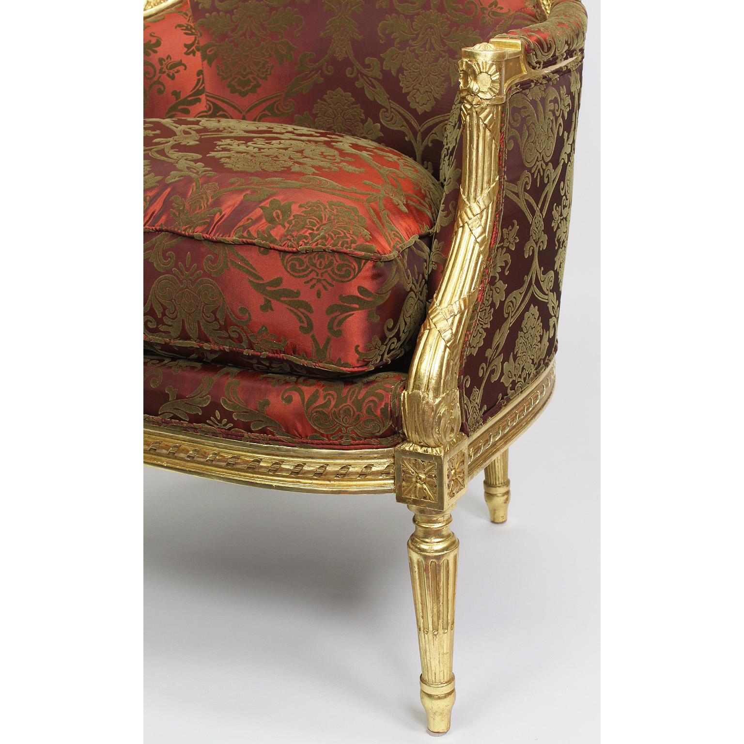 Fine Pair of French 19th-20th Century Louis XVI Style Giltwood Carved Armchairs For Sale 1