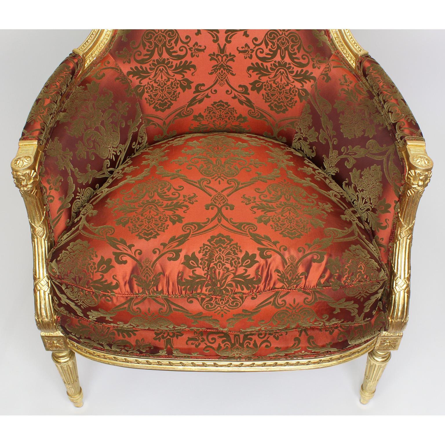 Fine Pair of French 19th-20th Century Louis XVI Style Giltwood Carved Armchairs For Sale 2