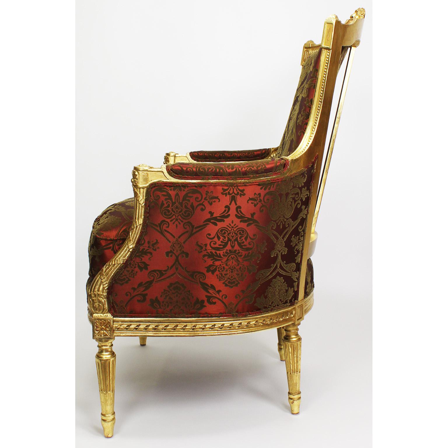 Fine Pair of French 19th-20th Century Louis XVI Style Giltwood Carved Armchairs For Sale 3