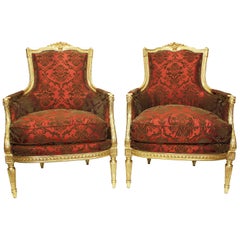 Fine Pair of French 19th-20th Century Louis XVI Style Giltwood Carved Armchairs